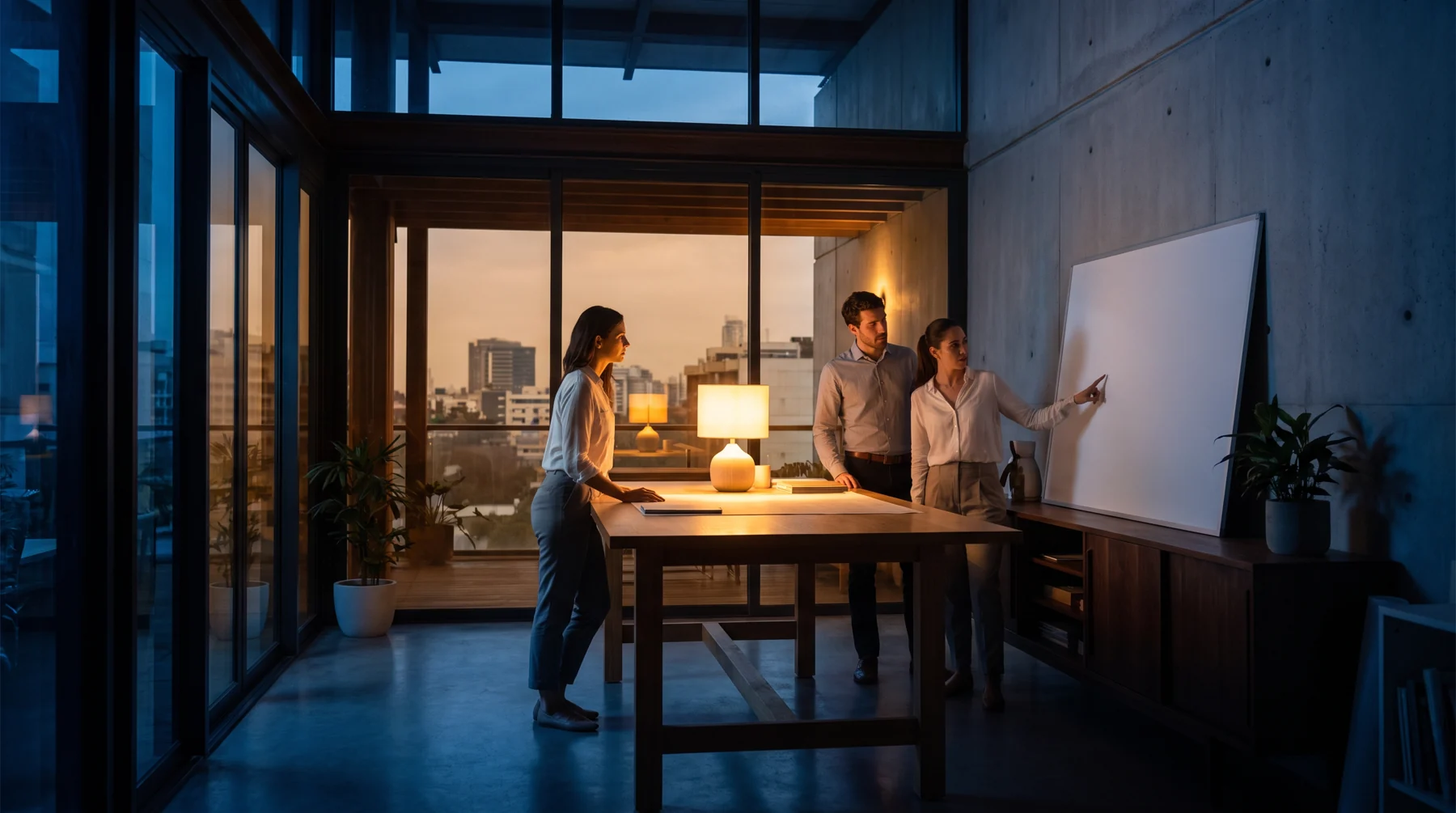 Colleagues reviewing a board in an evening studio