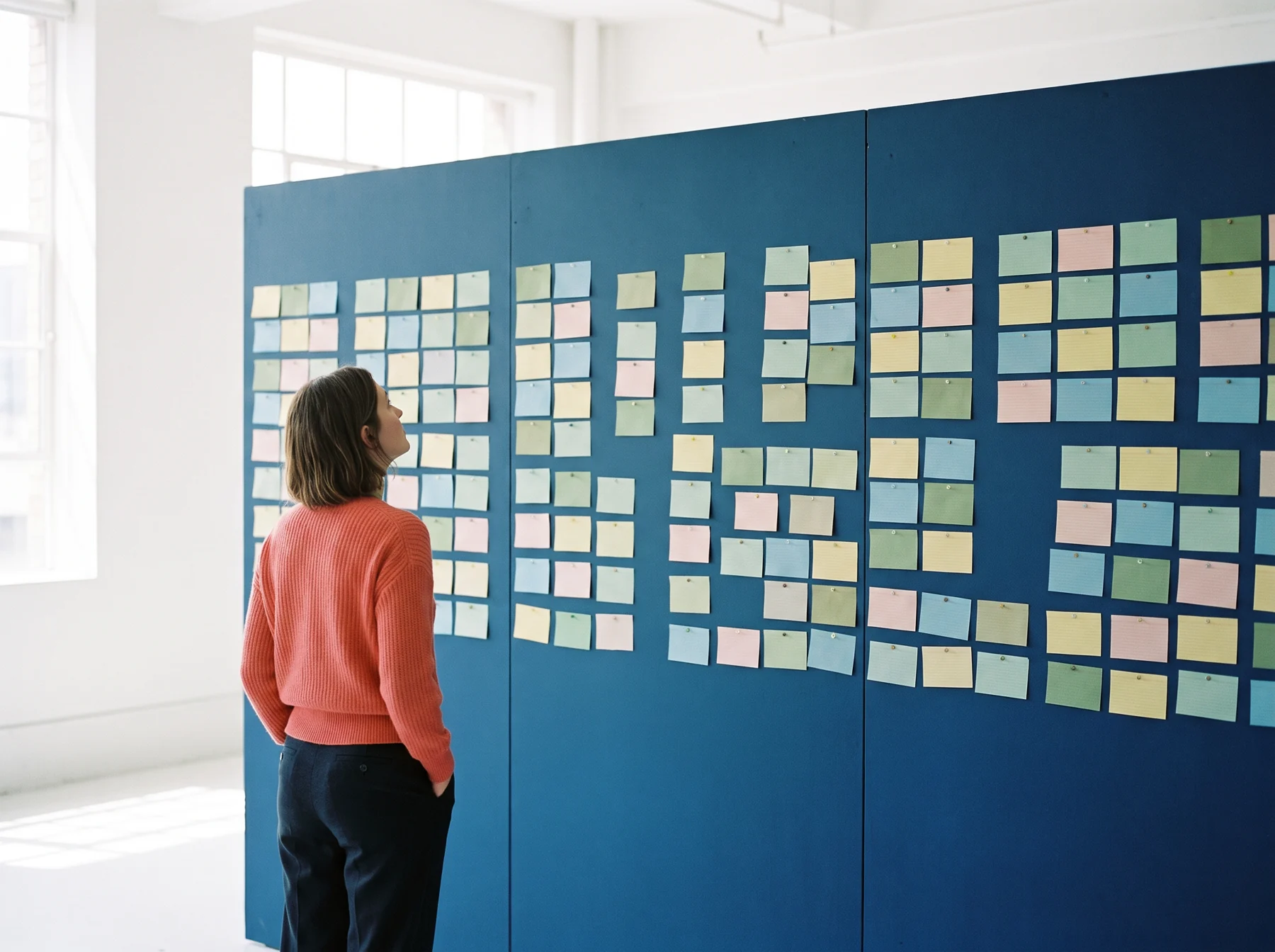 Professional reviewing planning cards on a wall