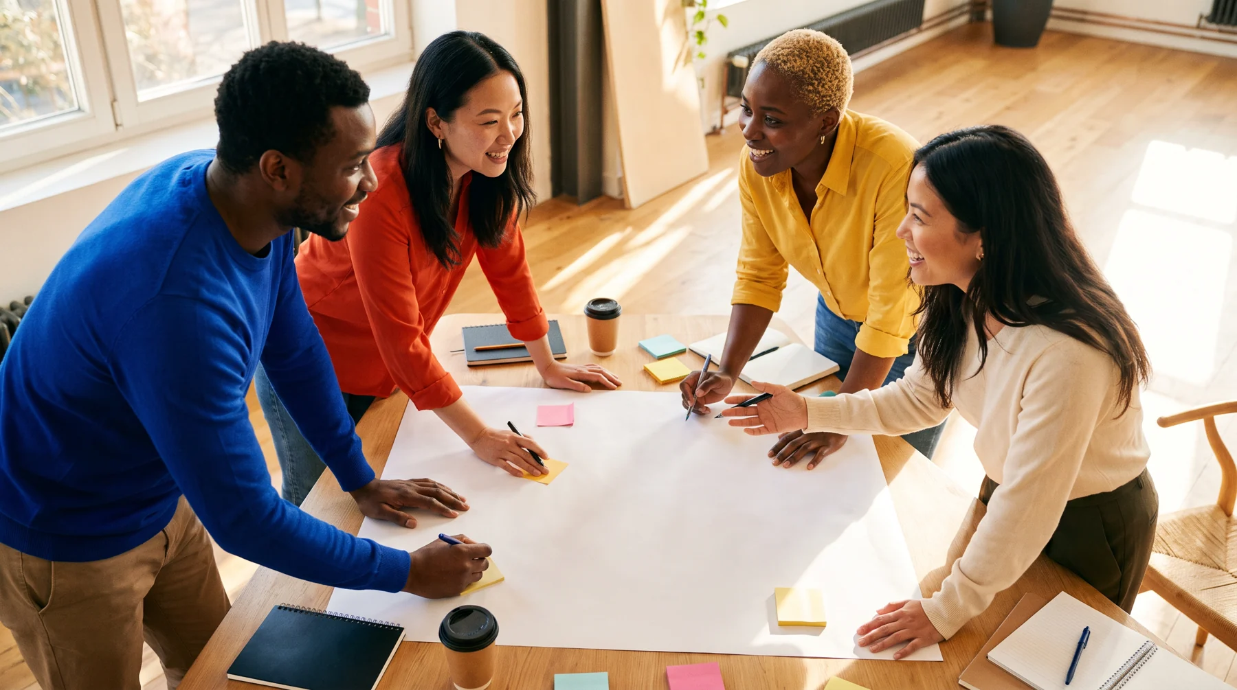Small group career workshop around a map