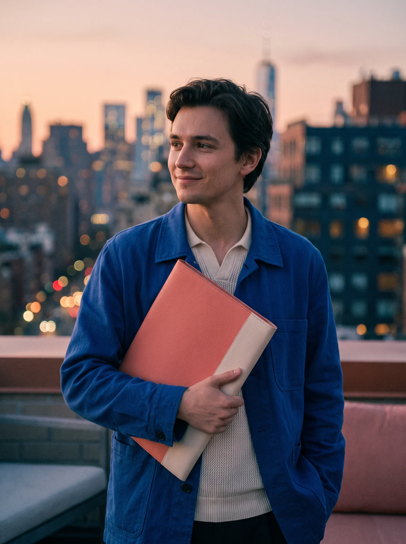Professional with a portfolio at dusk